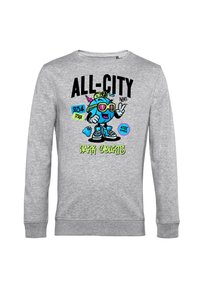 Sudadera gris de manga larga con un estampado gráfico colorido de un personaje de dibujos animados, el texto "ALL-CITY" y acentos brillantes en azul, verde y rosa.