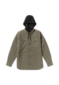 Veste en velours côtelé vert avec une capuche noire. Comprend deux poches poitrine et des fermetures à boutons. Tissu texturé et manches longues.