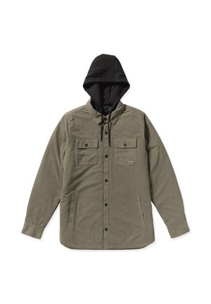 Grüne Cordjacke mit schwarzer Kapuze. Verfügt über zwei Brusttaschen und Knopfverschlüsse. Strukturierter Stoff und lange Ärmel.