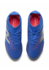 Blue athletic shoes featuring a smooth synthetic upper, dotted texture, grey accents, and a red interior. Laces are centrally placed.