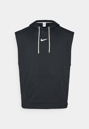 Black sleeveless hoodie with a front pocket. Features a white Nike logo on the chest and cream-colored drawstrings. Lightweight fabric.