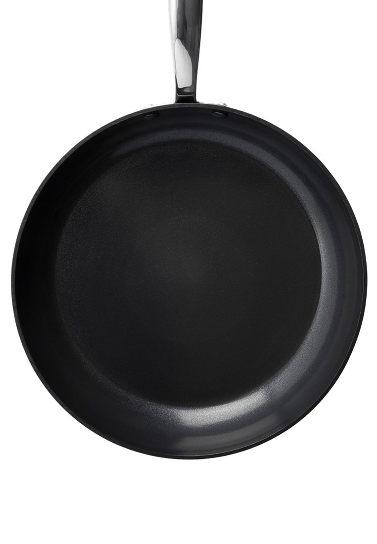 Antihaft-Bratpfanne mit glattem, schwarzem Innenraum und grifffester Edelstahlgriff. Kreisförmiges Design mit strapazierfähiger Oberfläche.