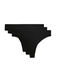 Vier paar zwarte katoenen stringonderbroeken met een gladde textuur en een minimalistisch ontwerp, met een lage taille en naadloze randen.