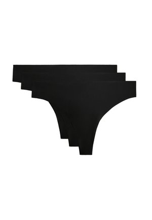 Četiri para crnog pamučnog tangi donjeg rublja s glatkom teksturom i minimalističkim dizajnom, s niskim strukom i neprimjetnim rubovima.