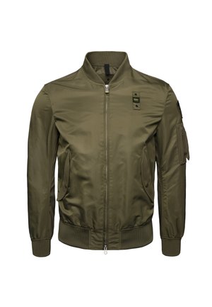 Olive green bomber jacket made of smooth, lightweight fabric. Features a front zipper, two side pockets, and a sleeve pocket. Ribbed cuffs and collar.