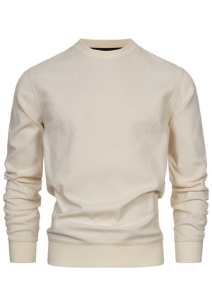 Suéter color crema con un patrón texturizado, cuello redondo y puños y dobladillo acanalados, hecho de una tela suave.