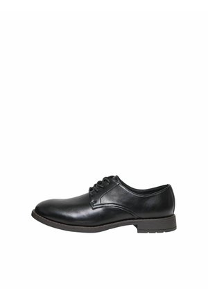 Chaussure habillée noire en cuir avec lacets, talon bas et bout arrondi, présentée de profil sur un fond blanc uni.