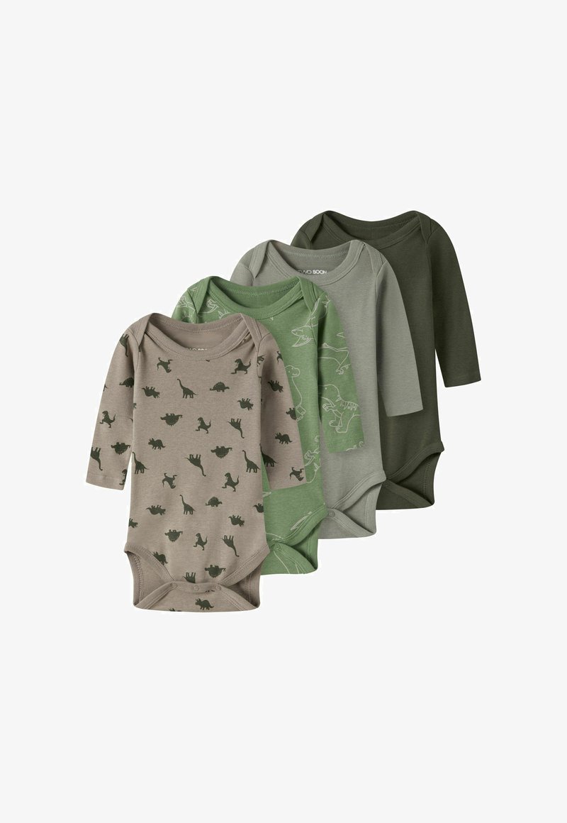 Keturių ilgomis rankovėmis kūdikių bodžių rinkinys iš minkštos medžiagos. Spalvos: smėlio su dinozaurų raštu, žalia ir dvi alyvuogių atspalvių.