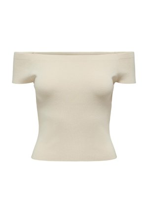 Haut ajusté à épaules dénudées en maille côtelée beige clair. Présente des manches courtes et une texture douce avec une silhouette structurée.