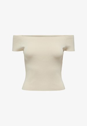 Off-the-shoulder fitted top in light beige ribbed knit. Features short sleeves and a soft texture with a structured silhouette.