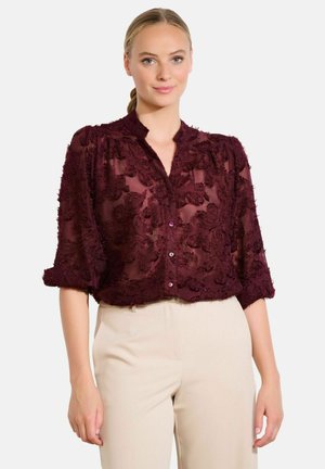 Maroon sheer blouse with floral textured embroidery, round collar, button closure, and three-quarter sleeves. Light, delicate fabric.