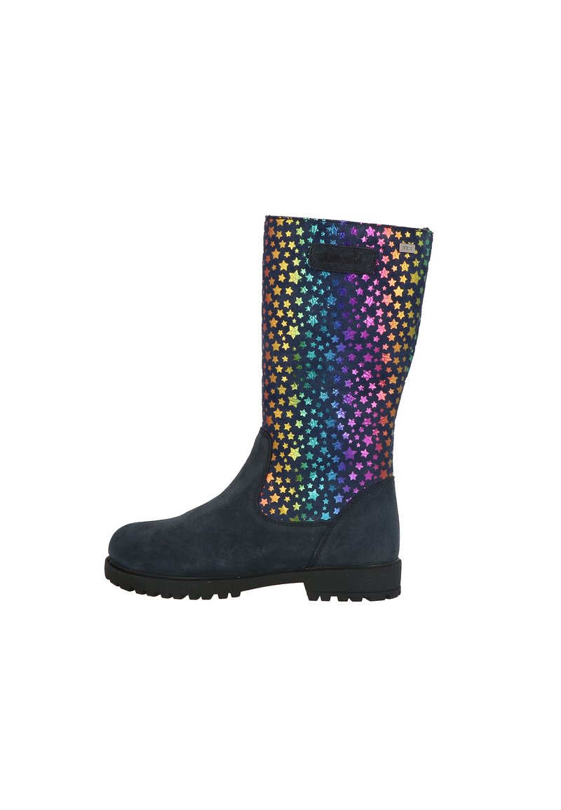 Kniehoge laarzen met een donkerblauwe suède onderkant en een bovenste gedeelte versierd met veelkleurige sterpatronen op een zwarte achtergrond.