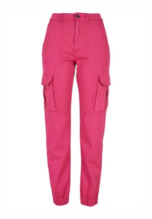 Rosa Cargo-Hose aus Baumwolle mit hohem Bund, elastischen Bündchen, zwei Seitentaschen und einer Knopfverschluss vorne.