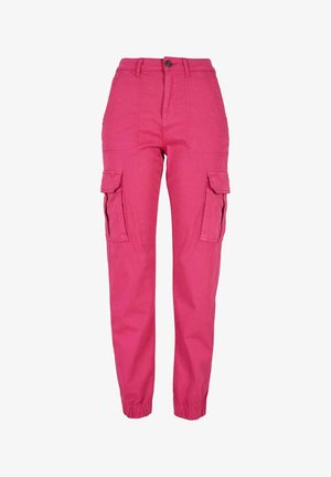 Roza cargo hlače iz bombaža, z visokim pasom, elastičnimi manšetami, dvema stranskima žepoma in gumbom spredaj.