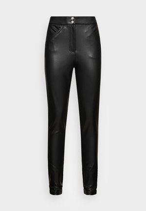 High-waist black faux leather slim-fit pants with two front pockets, stitched details, and double-button closure at the waistband.