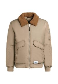 Beige bomberjakke med brun fleecekrave, frontlynlås, to klaplommer, ribbede manchetter og kant, samt lynlåslomme på venstre ærme.