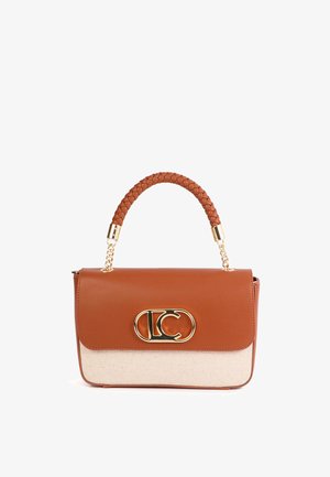 Brown leather handbag with woven handle, gold chain accent, and logo detail. Fabric bottom in beige with a smooth texture.