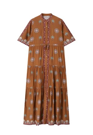 Robe midi marron avec manches courtes, boutons sur le devant, taille ajustable par cordon, et imprimé bleu de palmiers et de fleurs circulaires.