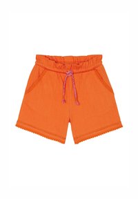 Shorts en coton orange avec une taille élastique, cordon de serrage avec des pompons, poches latérales et ourlet festonné.