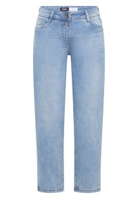 Jean droit bleu clair avec fermeture à double bouton, poches avant et passants pour ceinture, étiqueté "Cecil Denim."