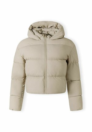 Beige puffer jacket with a hood, zip front, and cropped design; features stitched sections for insulation and smooth fabric texture.