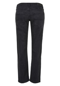 Jean en denim noir avec une coupe droite, dotés de deux poches arrière et d'une taille standard, fabriqué à partir d'un tissu lisse et durable.