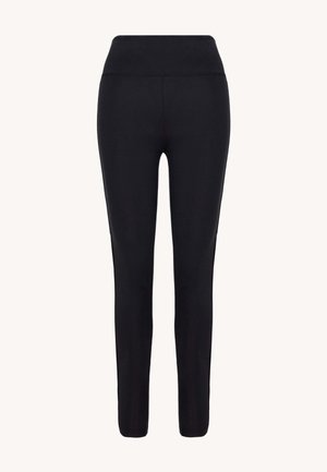 Zwarte leggings van rekbare stof, met een hoge tailleband, een nauwsluitende pasvorm en een lengte tot de enkels, zonder zichtbare patronen of accenten.