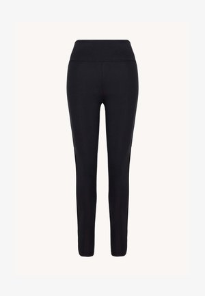Czarne legginsy wykonane z elastycznej tkaniny, z wysokim stanem, dopasowanym krojem i długością do kostek, bez widocznych wzorów lub akcentów.