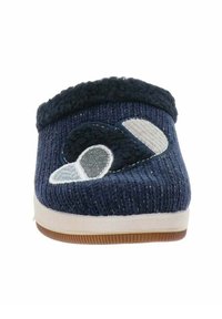 Ciabatta blu navy con tessuto testurizzato, punta tonda, un morbido risvolto peloso e un design ricamato con accenti chiari e scuri.