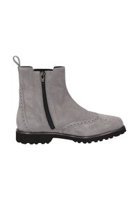 Bottines en suede gris avec fermeture éclair sur le côté, détails brogue sur le bout, et semelle en caoutchouc noir robuste. Comprend une petite languette à l'arrière.