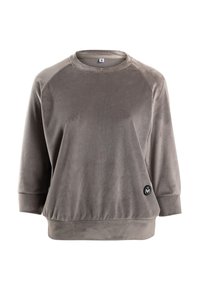 Gemêleerd grijs sweatshirt met een zachte textuur, raglanmouwen en een geribde zoom. Heeft een ronde halslijn en een klein logo aan de onderzijde.