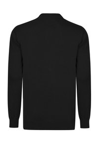 Sort sweater med lange ærmer, ribbede manchetter og et enkelt design; lavet af et glat strikstof med en rund halsudskæring.