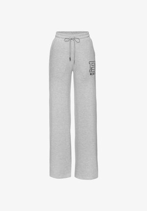 Pantalon de survêtement gris clair avec taille à cordon et logo imprimé noir sur la partie supérieure de la cuisse gauche, coupe droite.