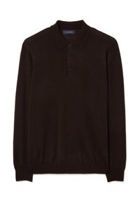 Polo marrone scuro a maniche lunghe realizzata in tessuto morbido, con colletto classico, patta con tre bottoni e polsini a costine.