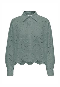 Lichtgroen cropped shirt gemaakt van geborduurde stof met een scalloped zoom, voorzien van knoopsluiting en een algehele eyeletpatroon.
