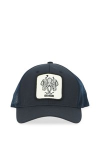 Cappellino blu navy con lati in rete, con una grafica di un polpo su un'etichetta bianca con la scritta "SEASIDE" in basso. Design strutturato e visiera curvata.