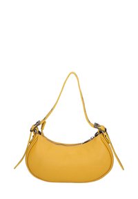 Borsa a spalla gialla in pelle con forma curva, apertura con zip e una tracolla, caratterizzata da materiale testurizzato e hardware in tono argentato.
