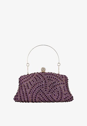 Perlebesat lilla clutch taske med sølvhåndtag, der har et tekstureret mønster af hævede perler og en ædelstensbesat lukning på toppen.