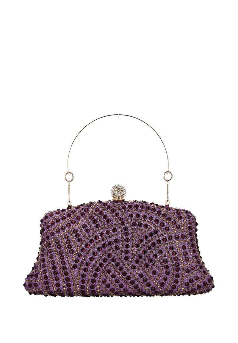 Gyöngyös lila kis táska ezüst fogantyúval, domború gyöngyökből álló texturált mintával és egy ékszerrel díszített csattal a tetején.