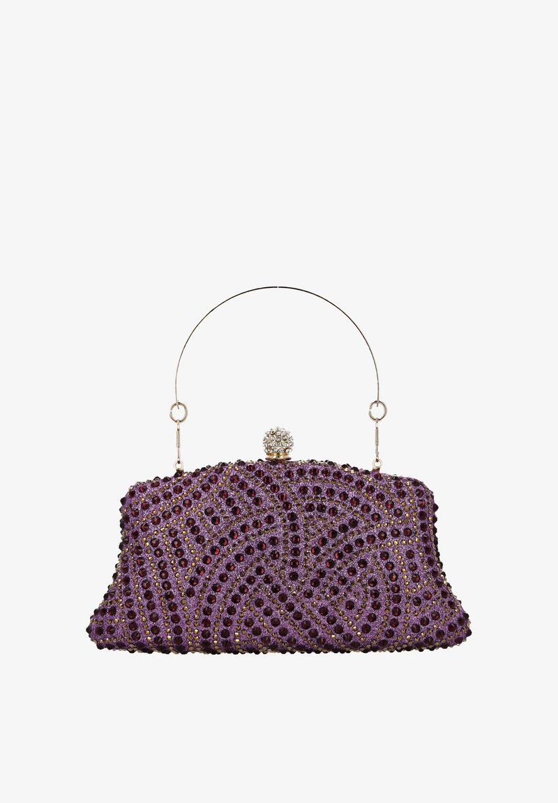 Gyöngyös lila kis táska ezüst fogantyúval, domború gyöngyökből álló texturált mintával és egy ékszerrel díszített csattal a tetején.