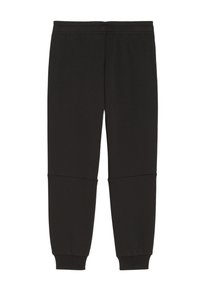 Schwarze Baumwoll-Jogginghosen mit elastischem Bund, gerippten Bündchen und Nahtdetails an den Knien.