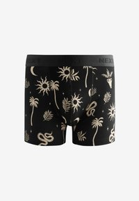 Juoda boxer tipo apatiniai su auksinėmis saule, gyvate, palmėmis ir paparčiais papuoštais raštais; elastinga juosta su "NEXT" logotipu.