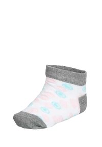 Calzini in cotone alla caviglia con corpo bianco, polsino grigio e motivi circolari azzurri e rosa. Texture morbida, progettati per comfort e calore.