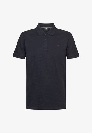Marineblaue Poloshirt mit strukturiertem Muster, Dreiknopf-Leiste, kurzen Ärmeln und kleinem Logo auf der Brust.
