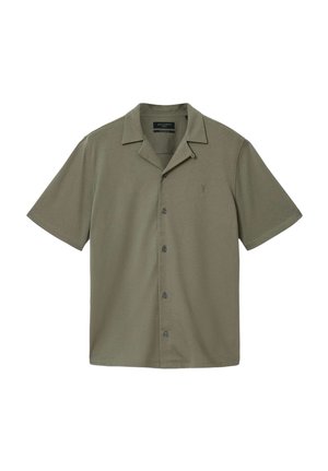 Chemise à manches courtes, vert olive, boutonnée, avec col camp et logo brodé discret sur le côté gauche de la poitrine.