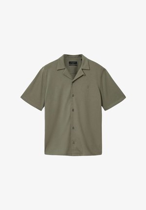Chemise à manches courtes, vert olive, boutonnée, avec col camp et logo brodé discret sur le côté gauche de la poitrine.
