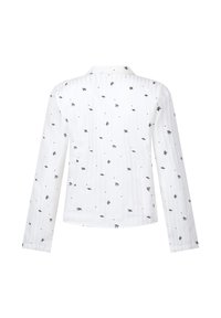 Weißes Langarmhemd mit einem dezenten Blatt- und Punkte-Muster in Grün und Rot. Leichter Stoff mit klassischem Kragen und geradem Saum.