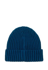 Dziana czapka w głębokim odcieniu teal, z prążkowaną fakturą i podwiniętym mankietem. Wykonana z miękkiego, rozciągliwego materiału dla komfortowego noszenia.