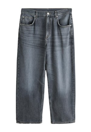 Grå, falmede, straight-leg denim jeans med frontknap og lynlås, to forlommer og bæltestropper i linningen.