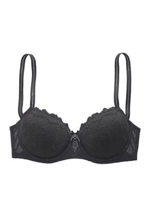 Schwarzer Spitzen-Balconette-BH mit Bügel, verstellbaren doppelten Trägern und einer kleinen Schleife in der Mitte vorne.